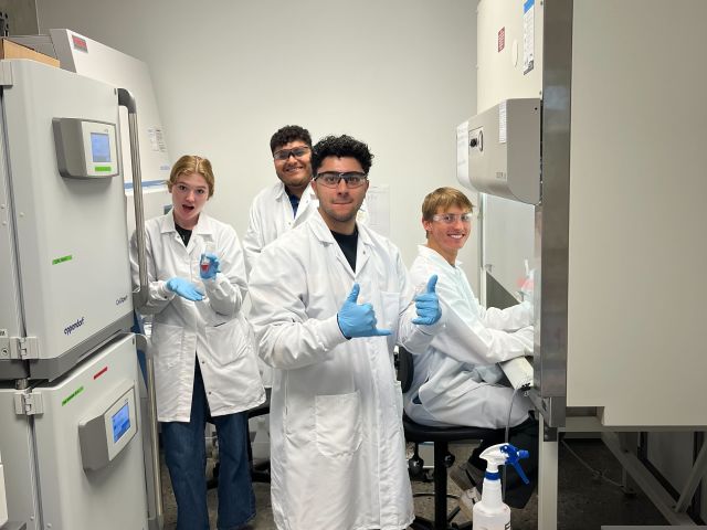 Georgia, Artury, Yousef, and Xander working in the cell culture room - what a nice moment!
